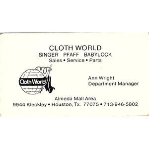Cloth World Ann Wright Houston TX Vintage Business Card SSB4-B12